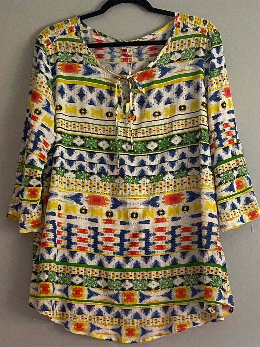 Antilia Femme Women's Multicolor Printed Tie-Neck 3/4 Sleeves Top Size XL